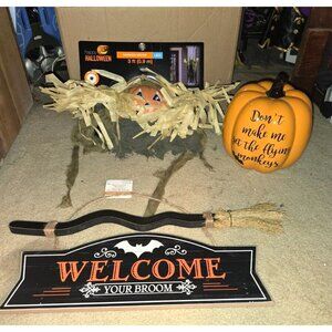 Lot of 3 New Halloween Decor Hanging Witch Broom Sign Flying Monkeys Pumpkin LED